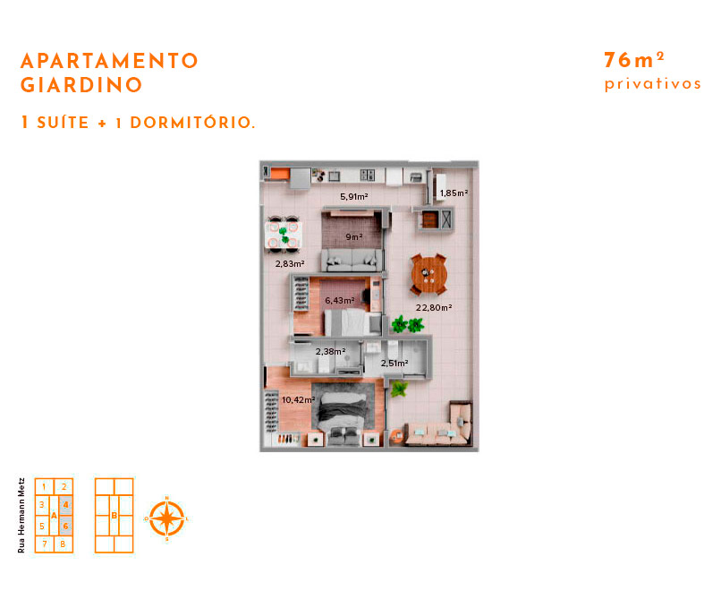 Apartamento Giardino 1 Suíte + 1 Dormitório 76m2