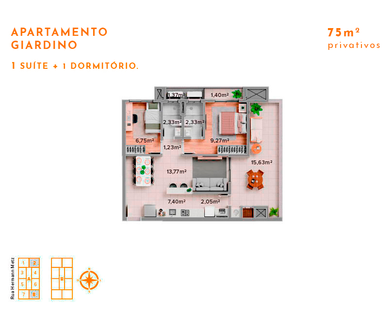 Apartamento Giardino 1 Suíte + 1 Dormitório 75m2