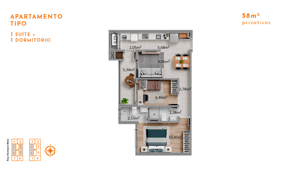 Apartamento 1 Suíte + 1 Dormitório 58m2