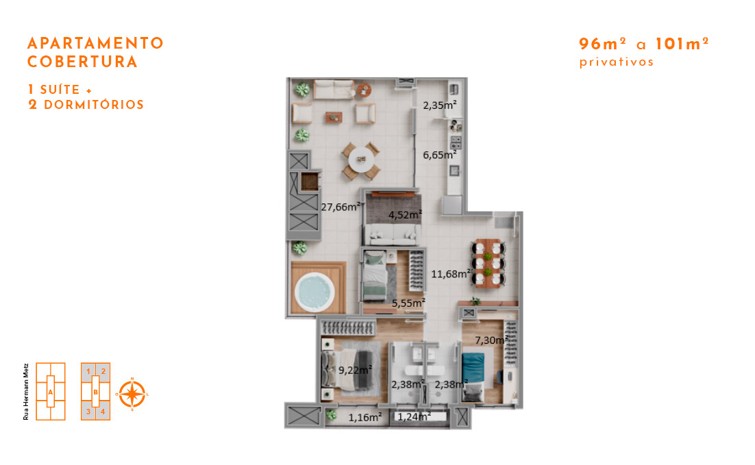 Apartamento Cobertura 1 Suíte + 2 Dormitórios 96m2 a 101m2
