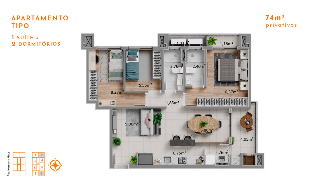Apartamento Tipo 1 Suíte + 2 Dormitórios 74m2