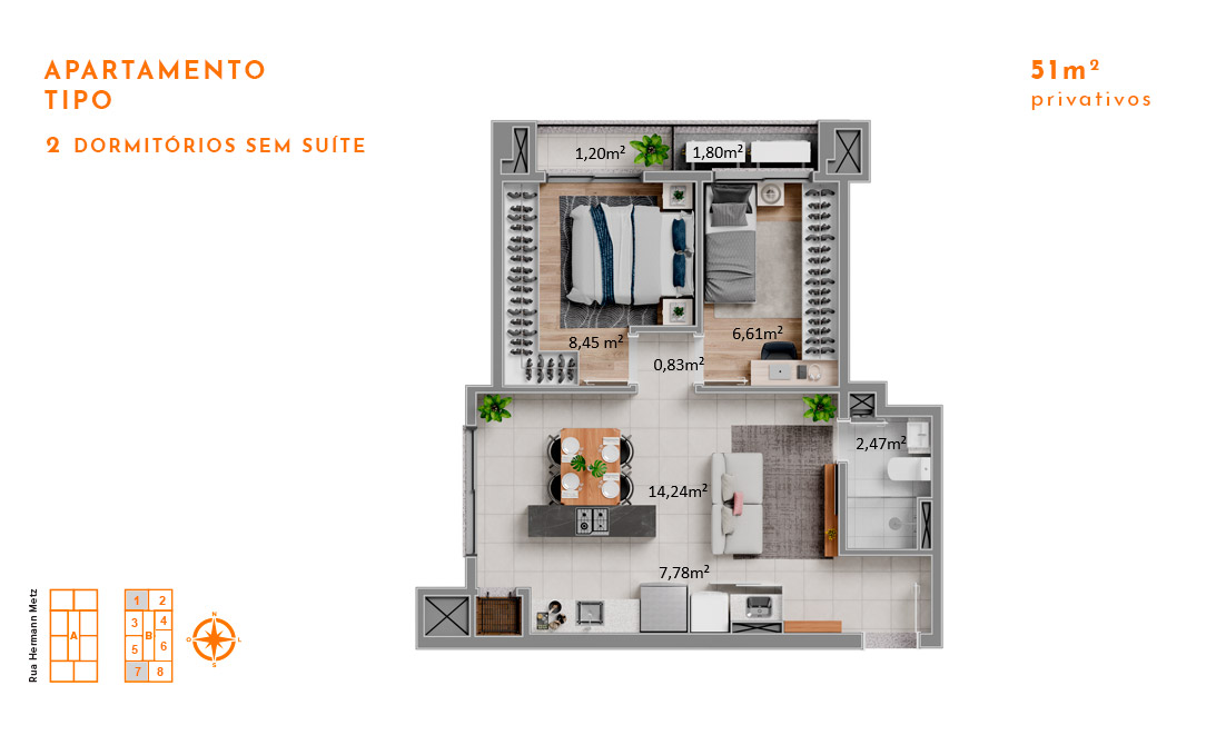 Apartamento Tipo 2 Dormitórios sem Suíte 51m2