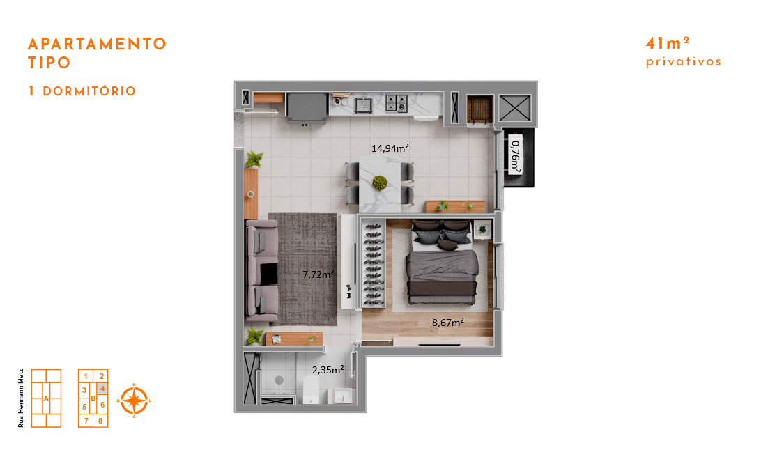 Apartamento Tipo 1 Dormitório 41m2