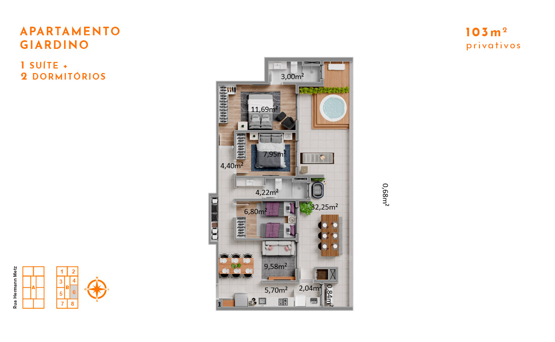 Apartamento Giardino 1 Suíte + 2 Dormitórios 103m2