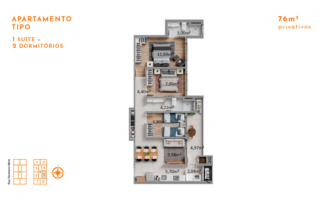 Apartamento Tipo 1 Suíte + 2 Dormitórios 76m2